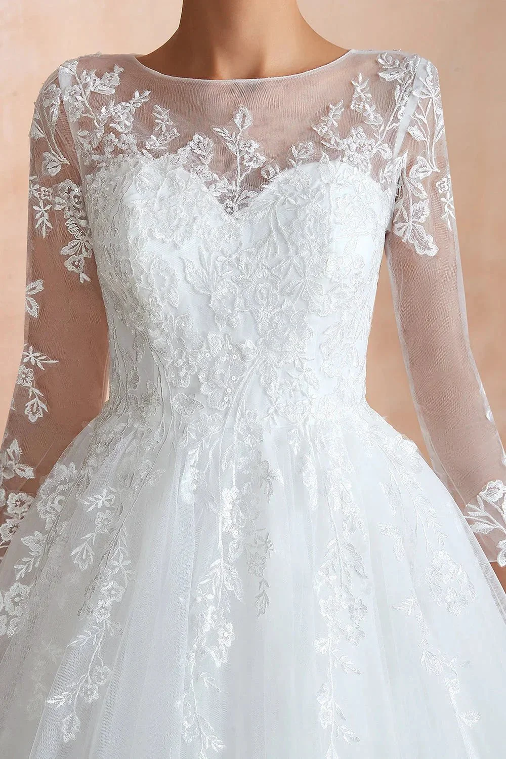 Wonderful Long A-line Appliques Tulle Wedding Dress with Sleeves - Image 10
