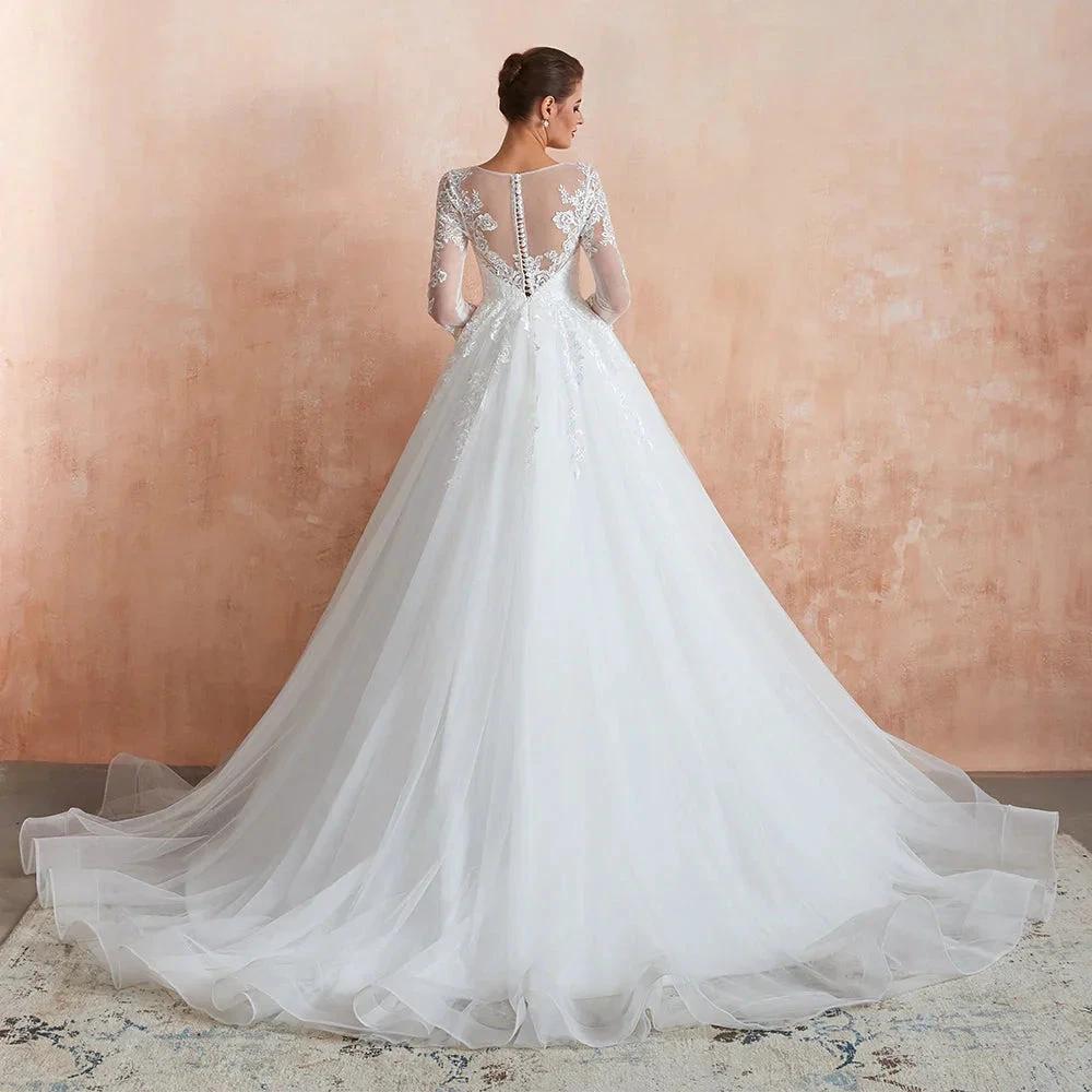 Wonderful Long A-line Appliques Tulle Wedding Dress with Sleeves - Image 2