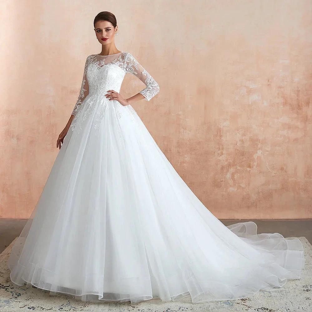 Wonderful Long A-line Appliques Tulle Wedding Dress with Sleeves - Image 3