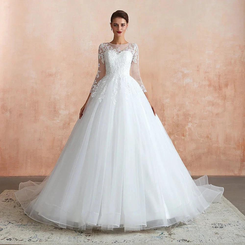 Wonderful Long A-line Appliques Tulle Wedding Dress with Sleeves - Image 4