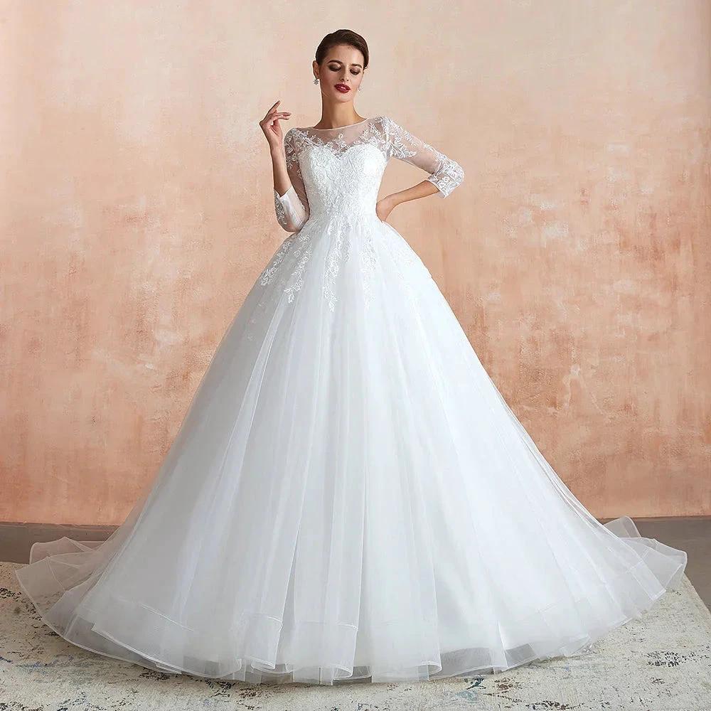 Wonderful Long A-line Appliques Tulle Wedding Dress with Sleeves - Image 5