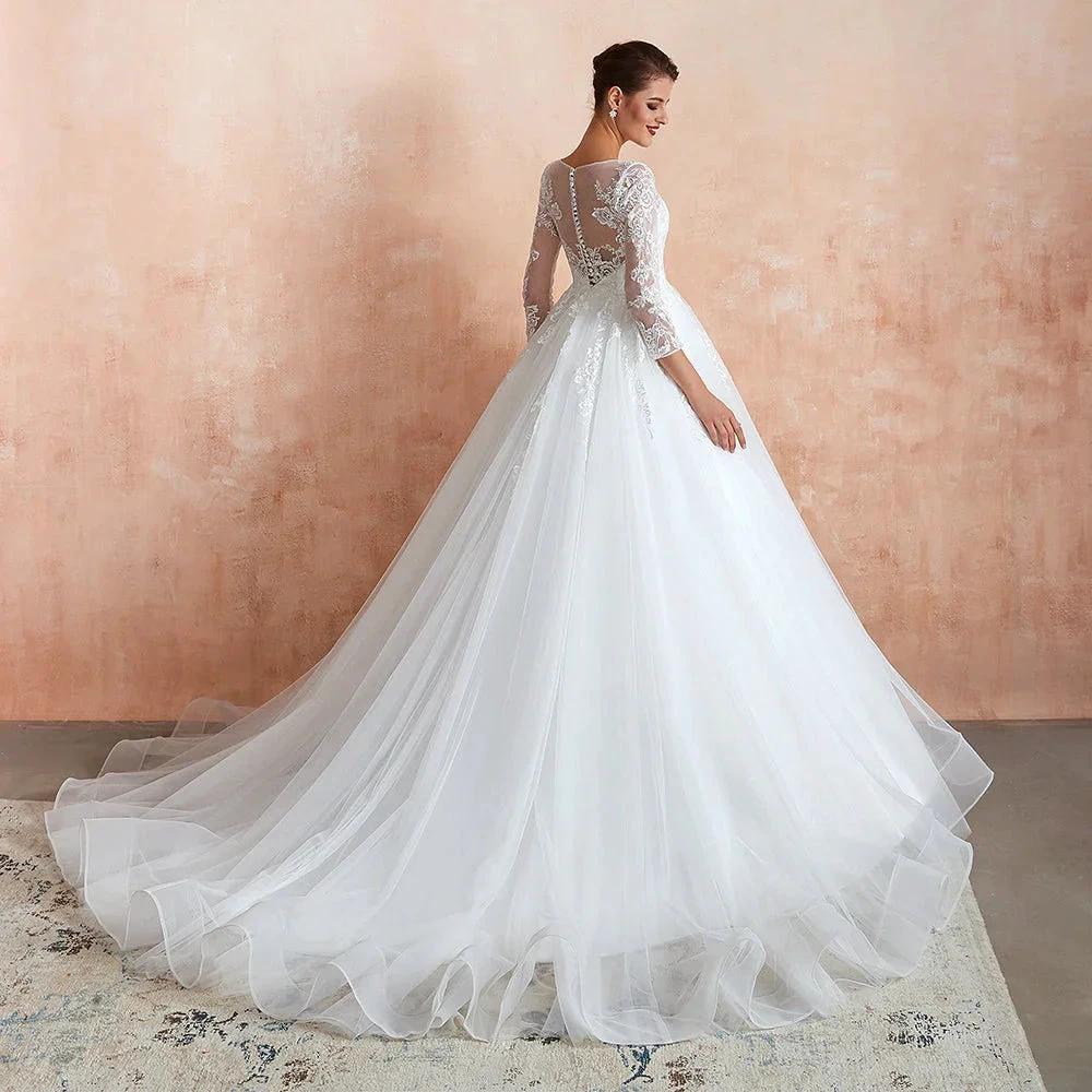 Wonderful Long A-line Appliques Tulle Wedding Dress with Sleeves - Image 6