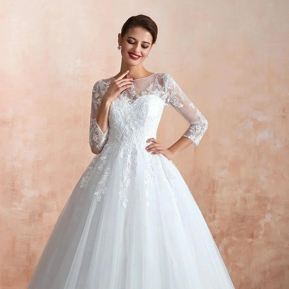 Wonderful Long A-line Appliques Tulle Wedding Dress with Sleeves - Image 7