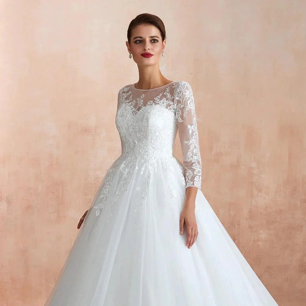 Wonderful Long A-line Appliques Tulle Wedding Dress with Sleeves - Image 8