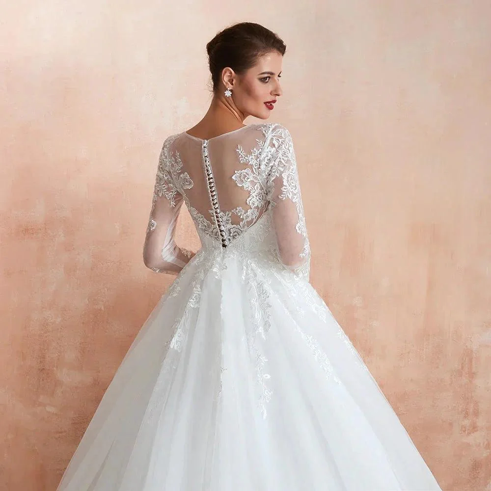 Wonderful Long A-line Appliques Tulle Wedding Dress with Sleeves - Image 9