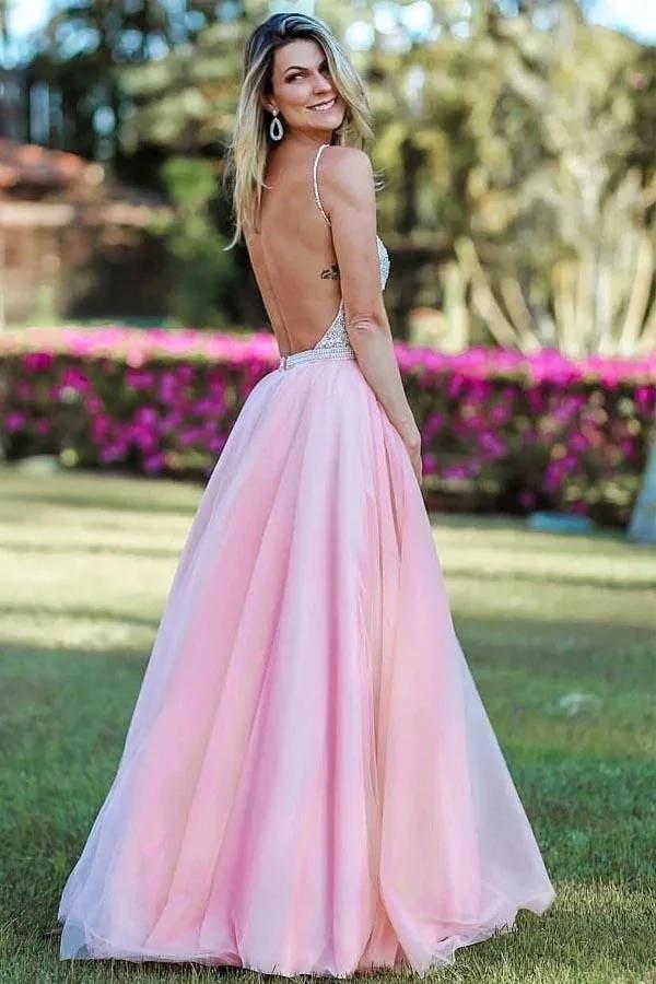 Long A-line V-neck Spaghetti Straps Open Back Prom Dress - Image 2