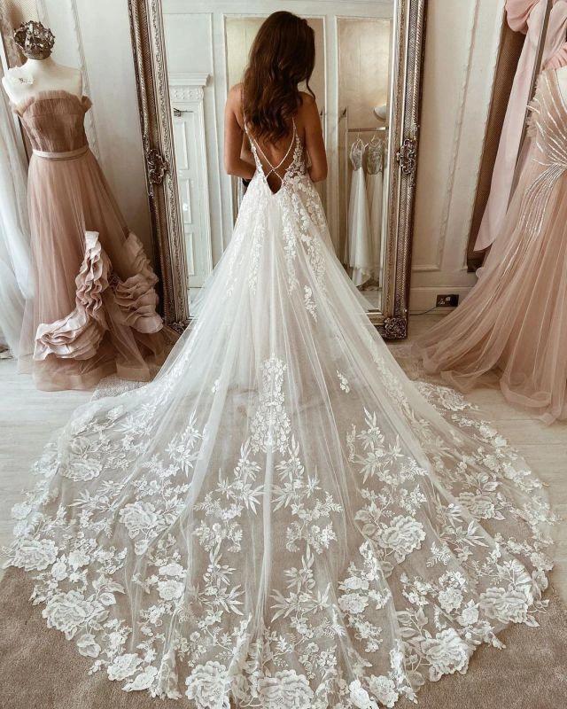Wonderful Spaghetti Straps Appliques Tulle A-Line Wedding Dresses - Image 2