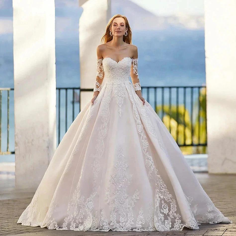 Word Wedding Dresses Women's Elegant Bohemian Beaded Sweetheart Princess Off Shoulder Long Sleeve Lace Applique Bride Gowns - Image 3