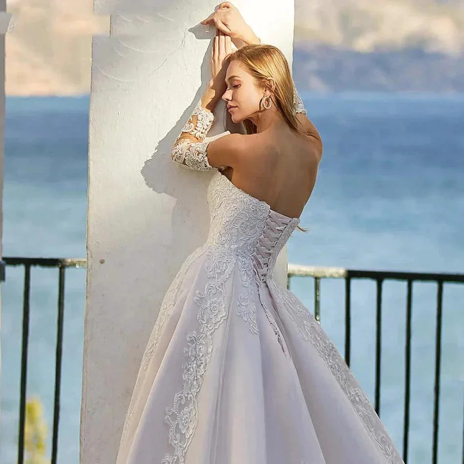 Word Wedding Dresses Women's Elegant Bohemian Beaded Sweetheart Princess Off Shoulder Long Sleeve Lace Applique Bride Gowns - Image 4