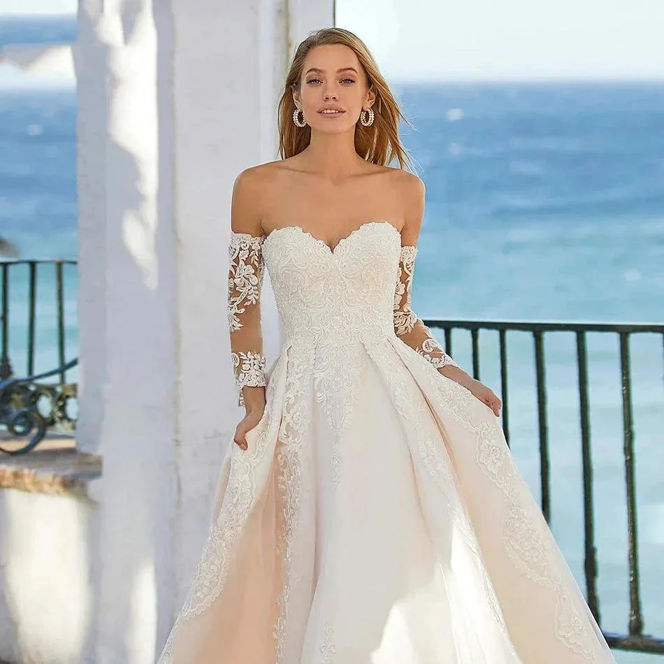Word Wedding Dresses Women's Elegant Bohemian Beaded Sweetheart Princess Off Shoulder Long Sleeve Lace Applique Bride Gowns - Image 5