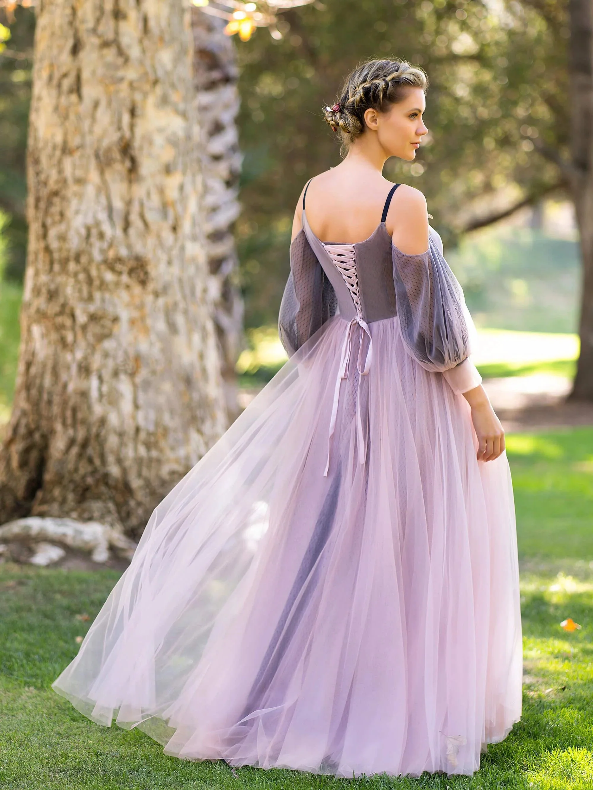 Wrap Top Tulle Half-Sleeve Appliques Prom Dresses - Image 2