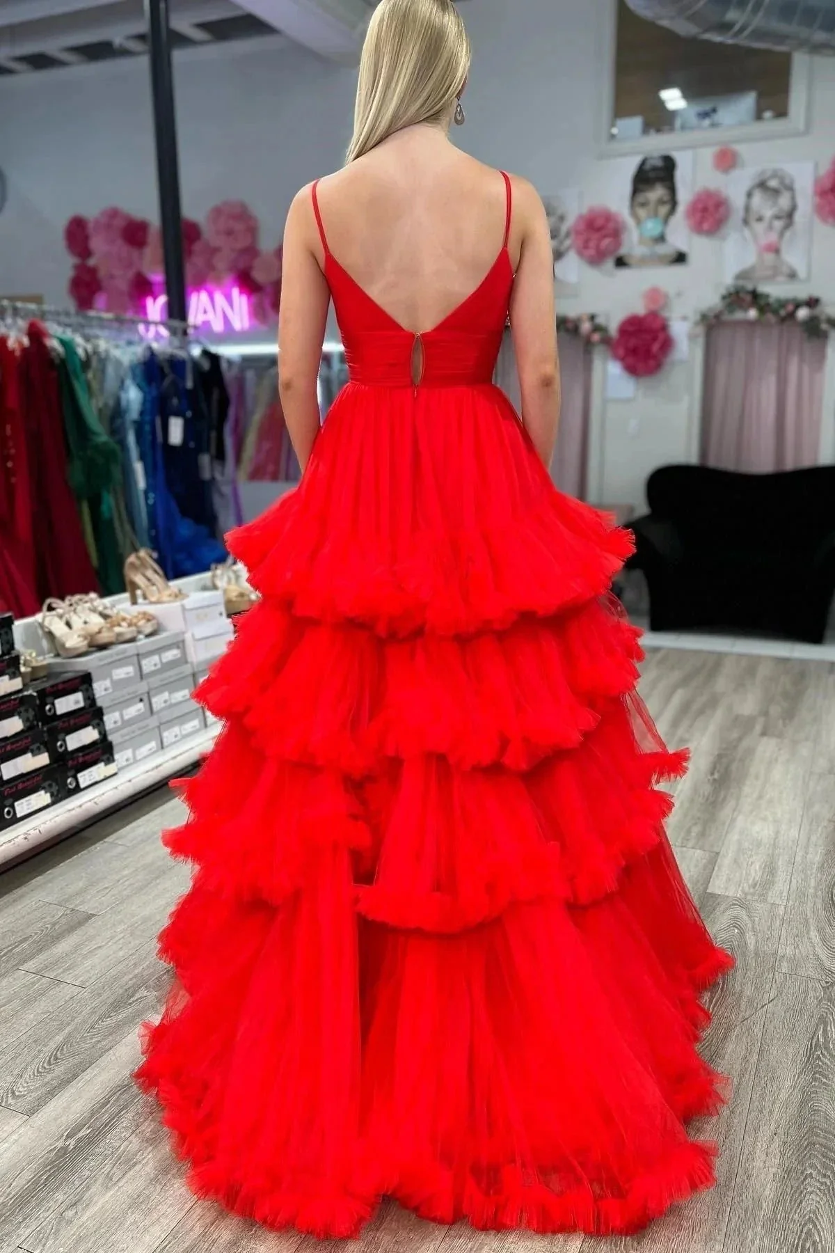 Wrenlee |A-line V-Neck Tulle Prom Dress with Tiered Ruffles - Image 2