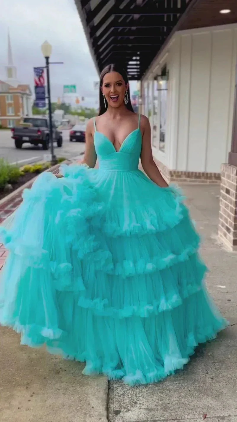 Wrenlee |A-line V-Neck Tulle Prom Dress with Tiered Ruffles - Image 4