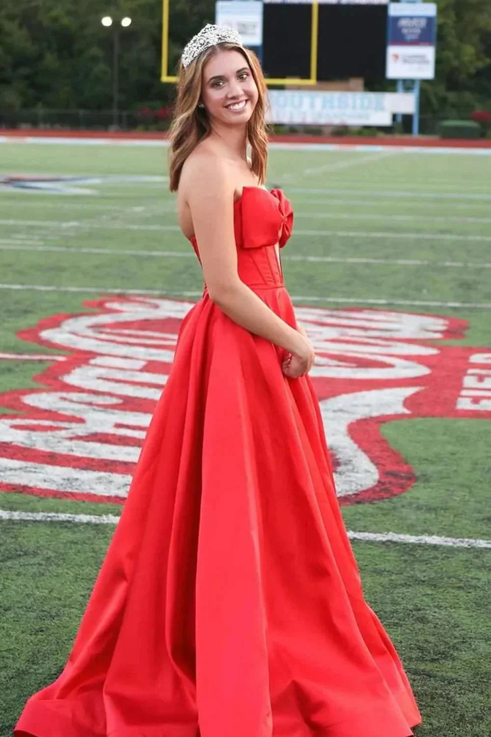 Xanthia | A-Line Strapless Bow Empire-Waist Sleeveless Satin Long Prom Dress with Slit - Image 4