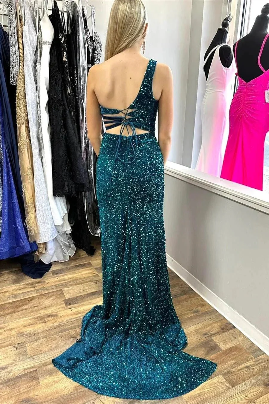 Xaviera | One-Shoulder Turquoise Sequin Keyhole Long Prom Dress with Slit - Image 2
