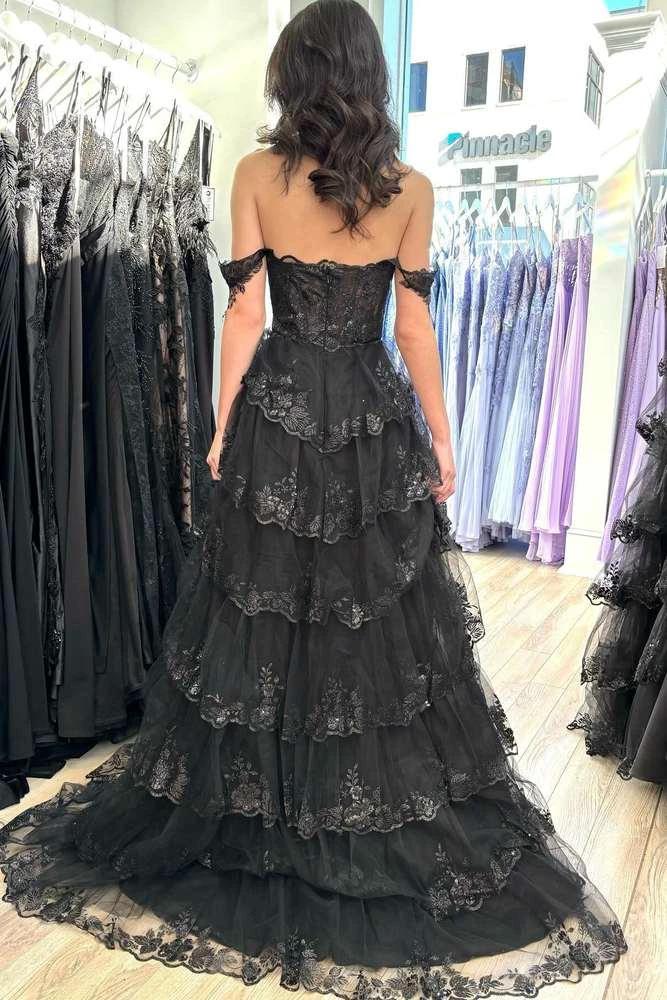 Yaiiua | Black Off the Shoulder Lace Appliques Tiered Prom Dress with Slit - Image 2