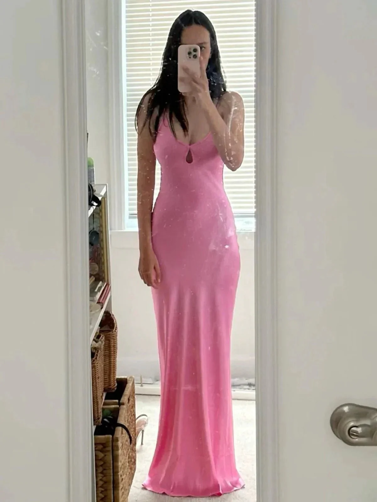 Yamileth | Scoop Neck Pink Sheath Satin Long Prom Dress - Image 3