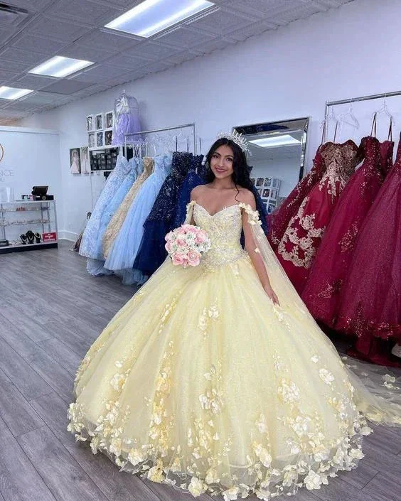 Yellow 3D Flowers Ball Gown Dress Sweet 16 Dress Y6578 - Image 2