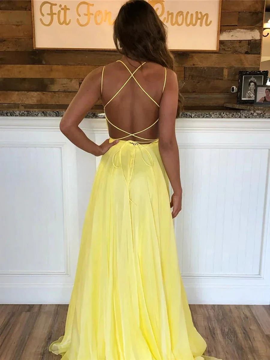 Yellow A Line Backless Sequins Chiffon Long Formal Prom Dresses - Image 2