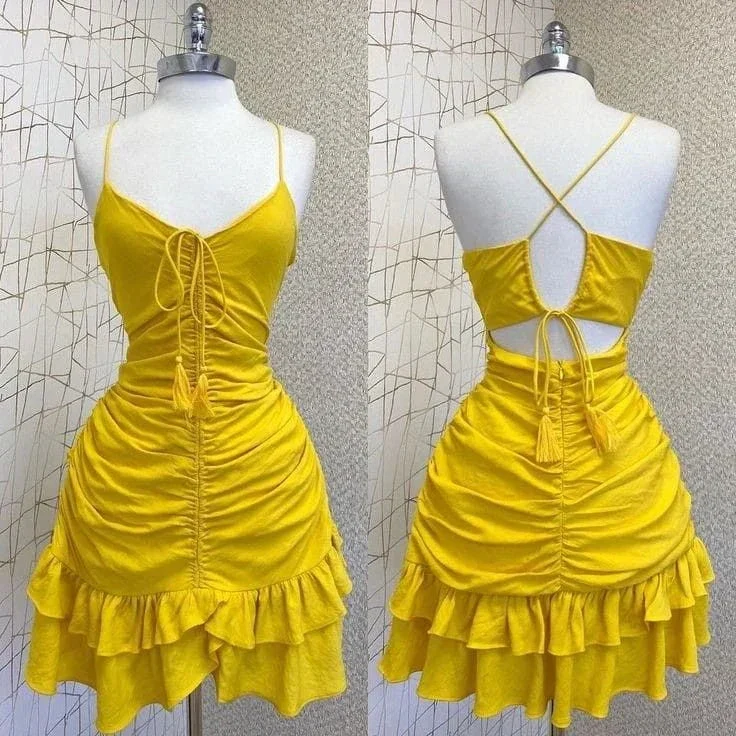Yellow A-line Homecoming Dress with Pleated Y2593 - Image 2