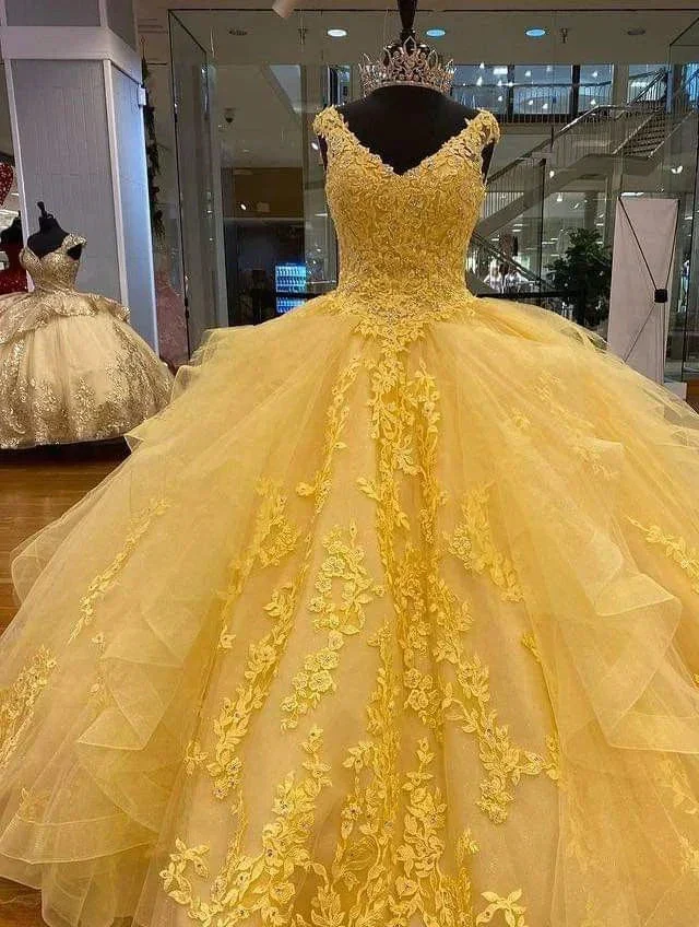 Yellow A-line Tulle Lace Ball Gown Quinceanera Dress Sweet 15 Dress Y4065 - Image 2