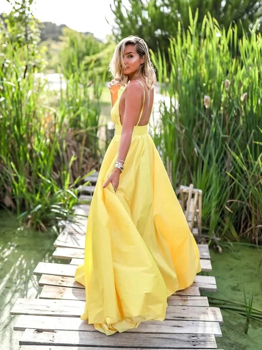 Yellow A Line V Neck Backless Satin Long Formal Prom Dresses - Image 2