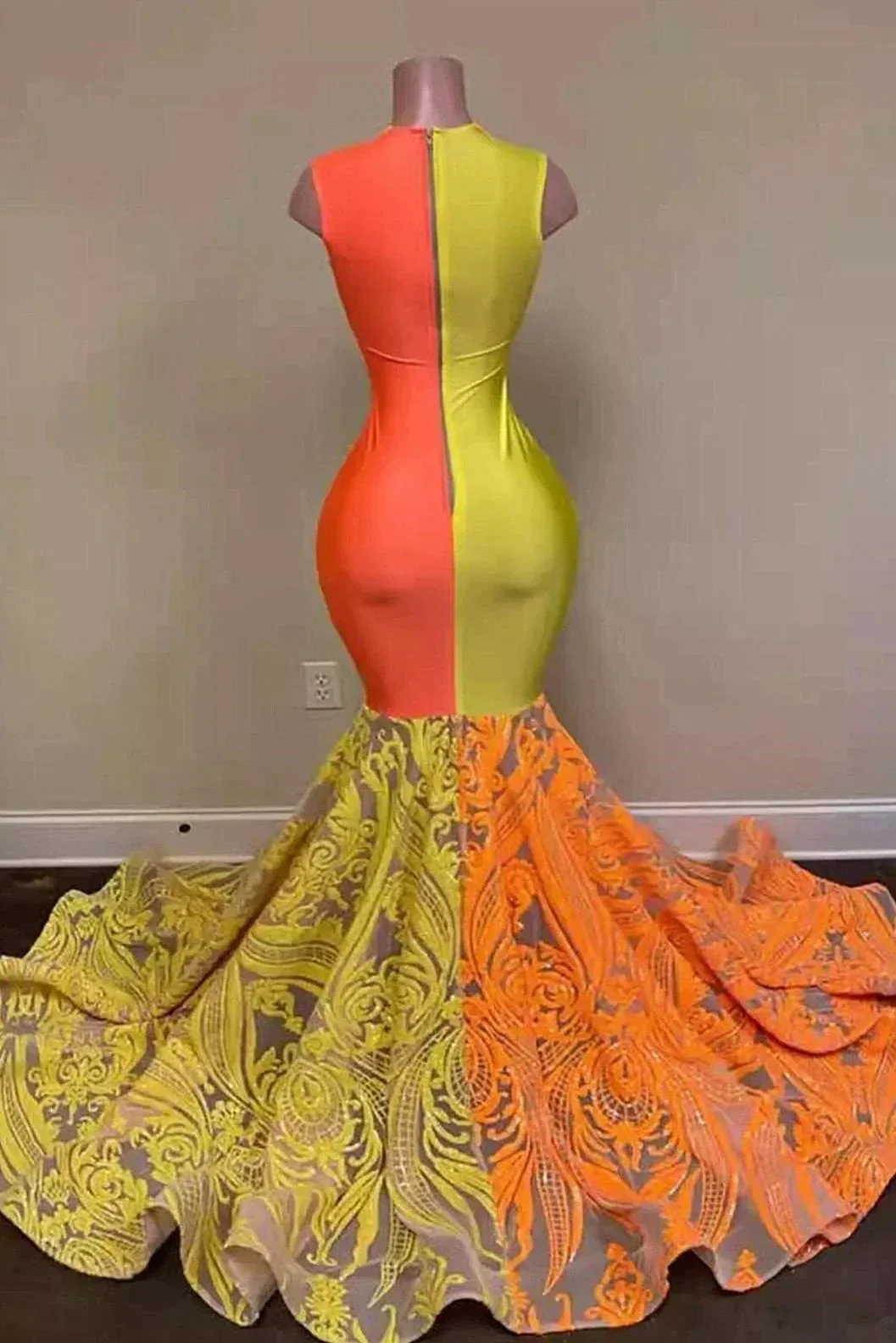 Yellow and Orange Mermaid Prom Dress Lace Long On Sale - Image 2