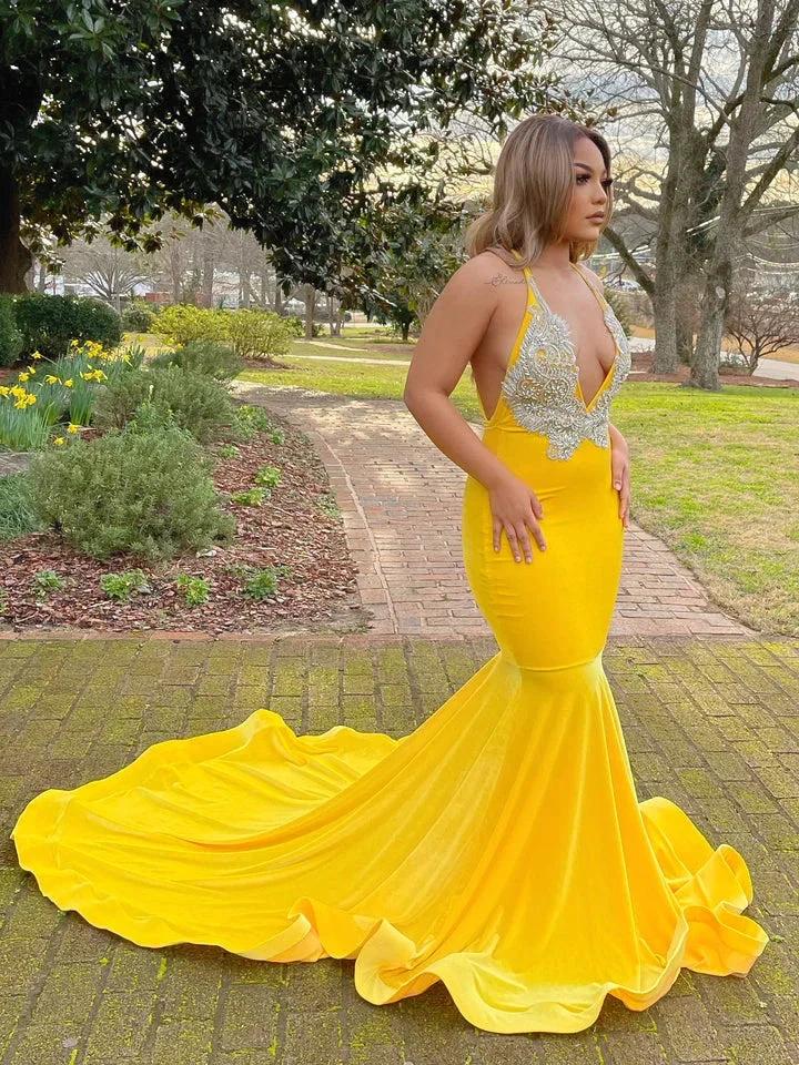 Yellow Appliques Lace V-neck Spaghetti Straps Floor-length Mermaid Prom Dresses - Image 2