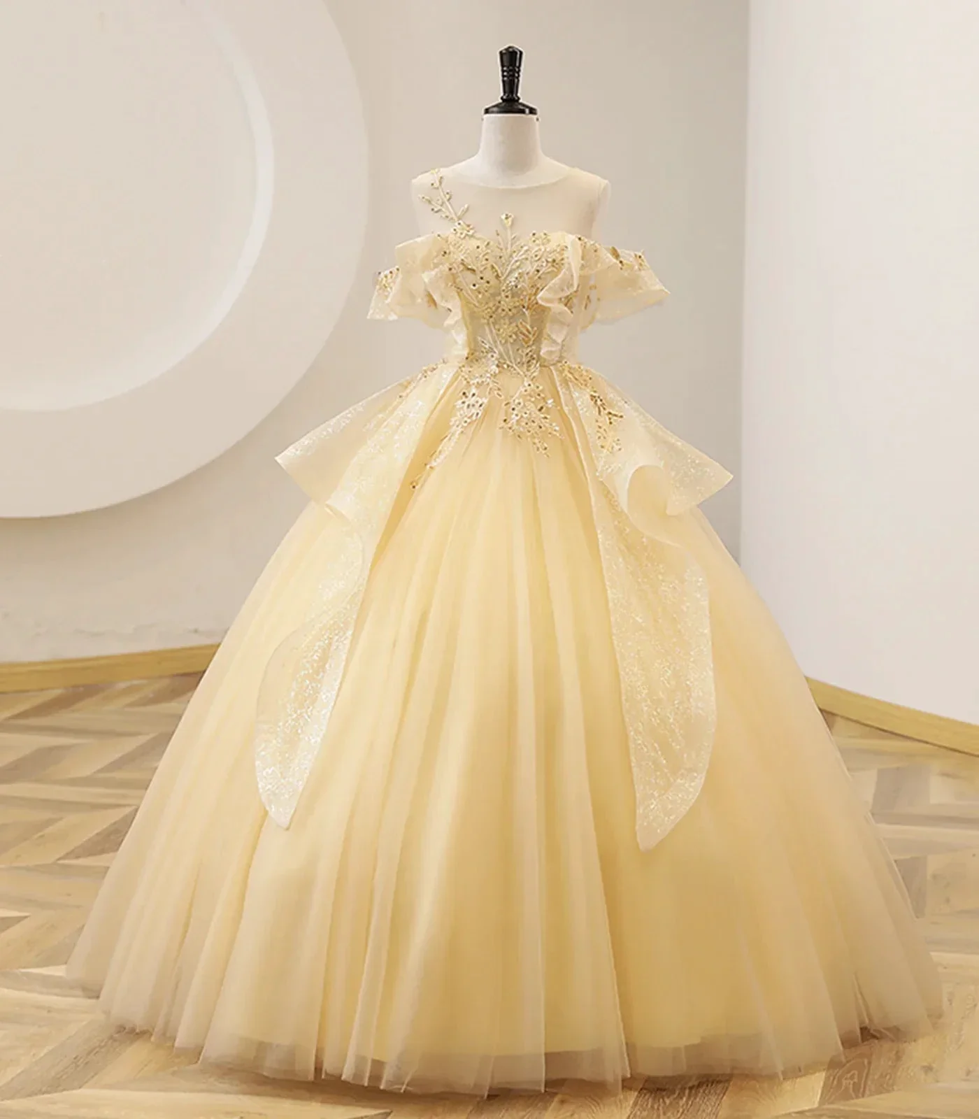 Yellow Ball Gown Beaded Sweet 16 Dress, Yellow Long Formal Dress Y4045 - Image 3