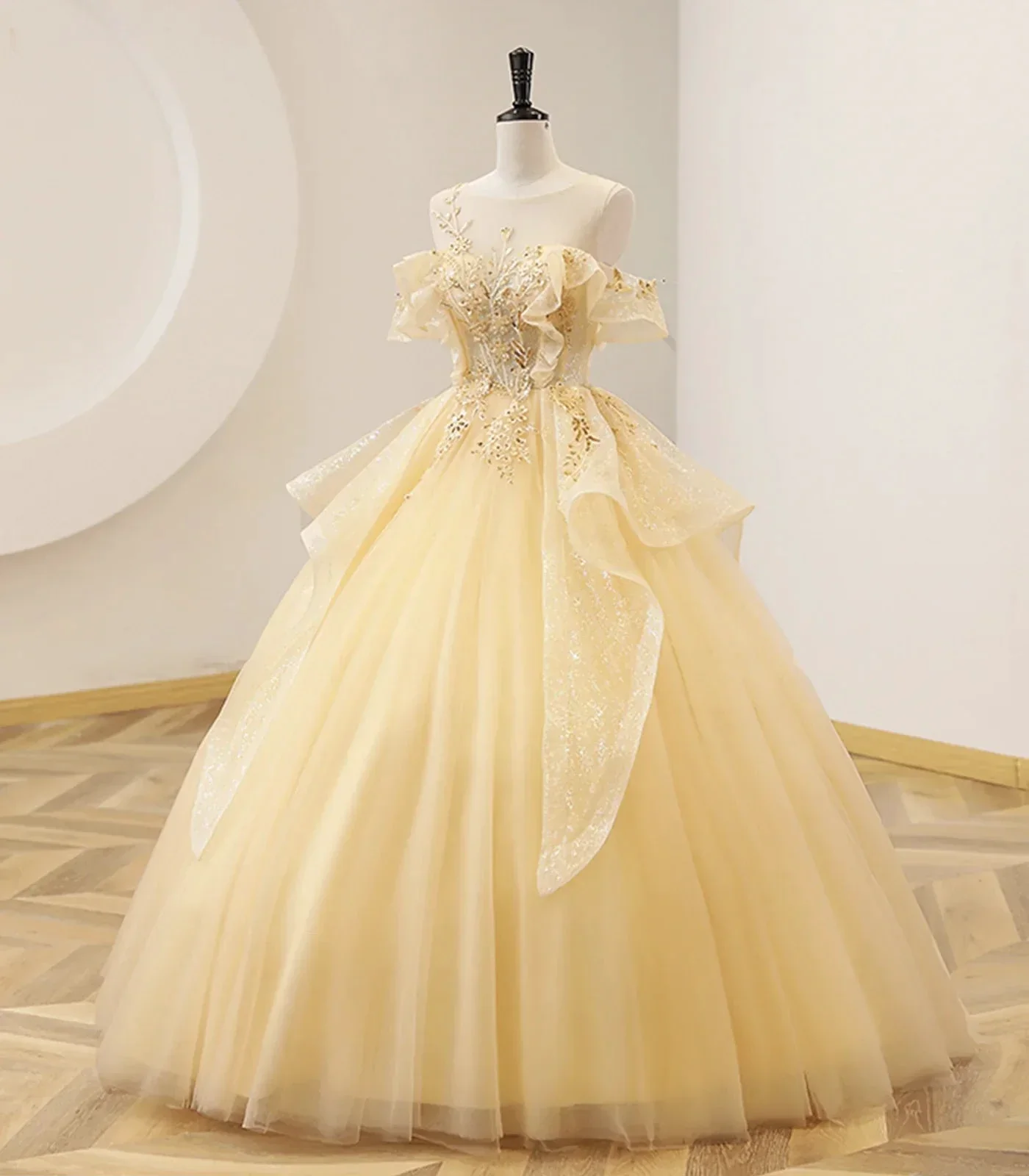 Yellow Ball Gown Beaded Sweet 16 Dress, Yellow Long Formal Dress Y4045 - Image 4