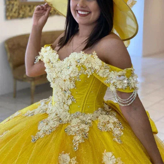 Yellow Ball Gown Quinceanera Dresses Off Shoulder Lace up Back Sweep Train Appliques Beads Y656 - Image 2