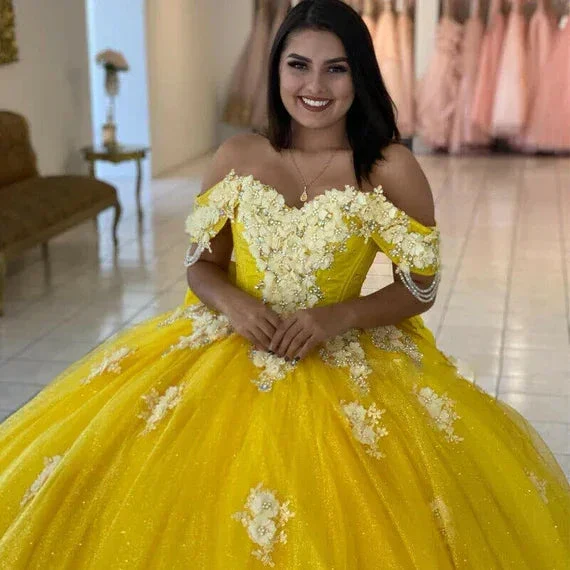 Yellow Ball Gown Quinceanera Dresses Off Shoulder Lace up Back Sweep Train Appliques Beads Y656 - Image 3