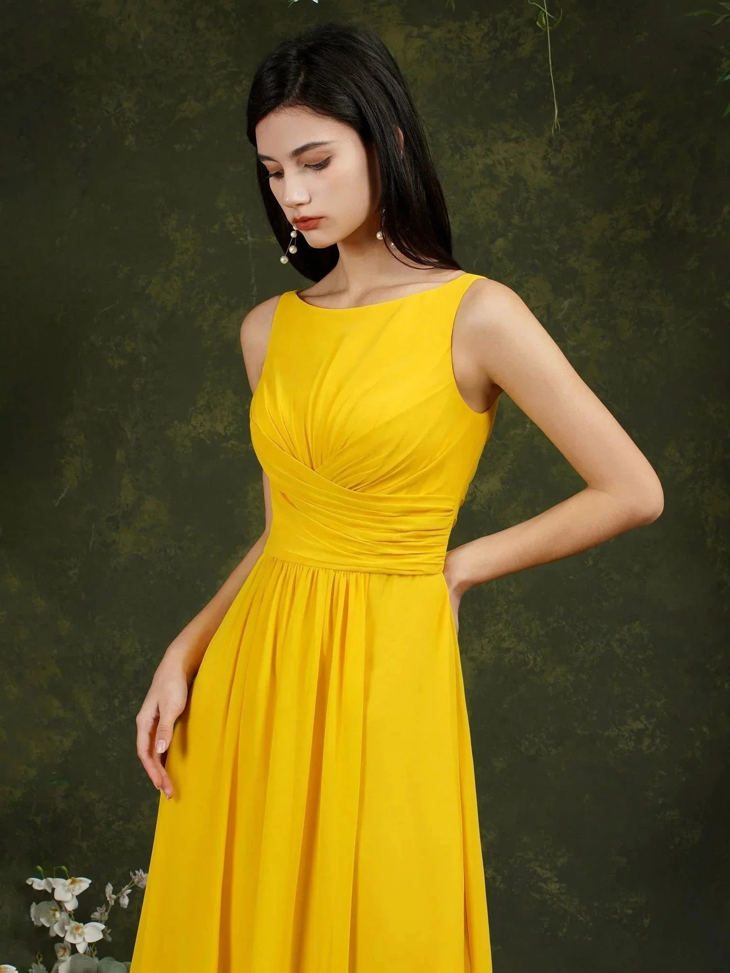 Yellow Bateau A-Line Chiffon Ruffles Split Floor-length Bridesmaid Dress With Pockets - Image 10