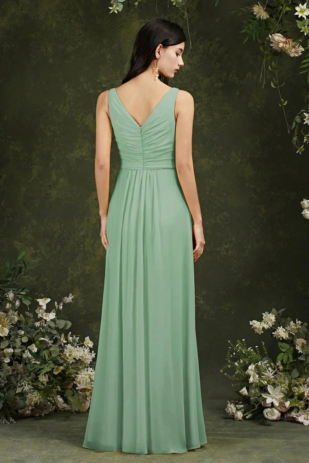 Yellow Bateau A-Line Chiffon Ruffles Split Floor-length Bridesmaid Dress With Pockets - Image 2