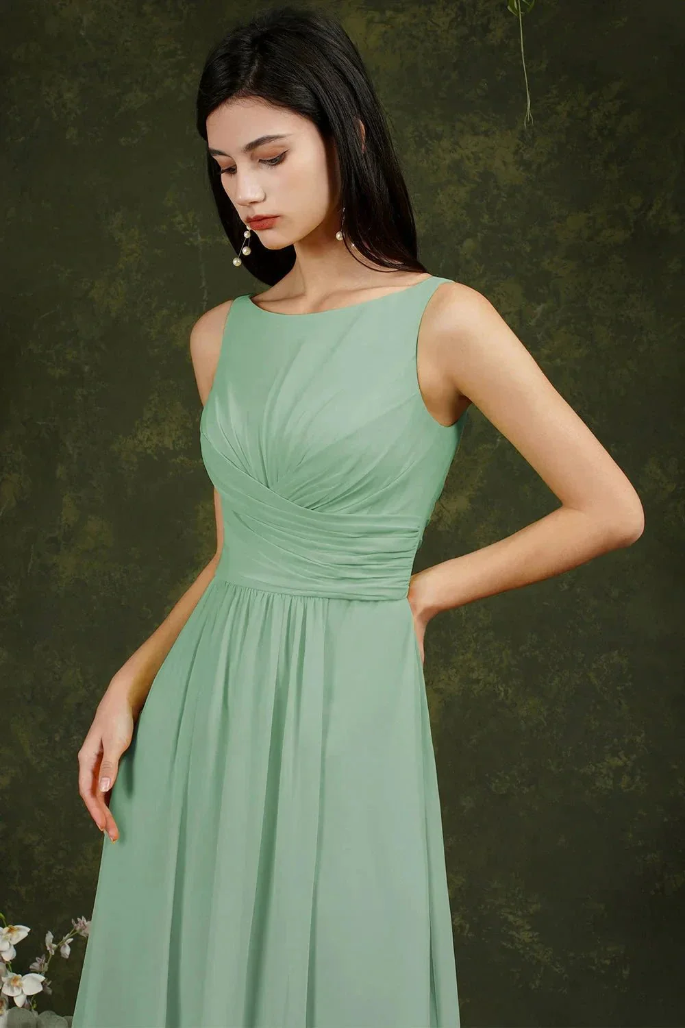 Yellow Bateau A-Line Chiffon Ruffles Split Floor-length Bridesmaid Dress With Pockets - Image 3