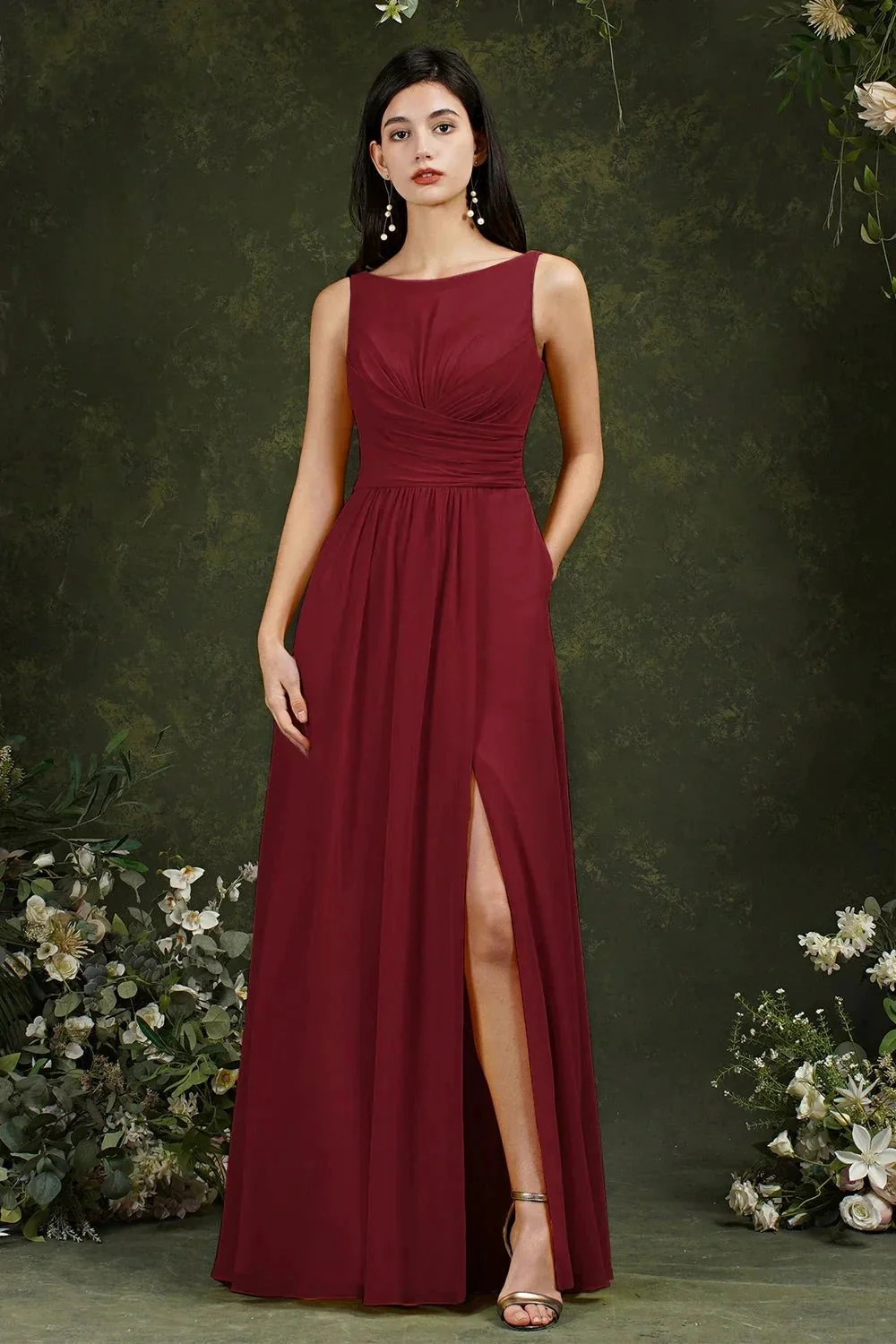 Yellow Bateau A-Line Chiffon Ruffles Split Floor-length Bridesmaid Dress With Pockets - Image 4