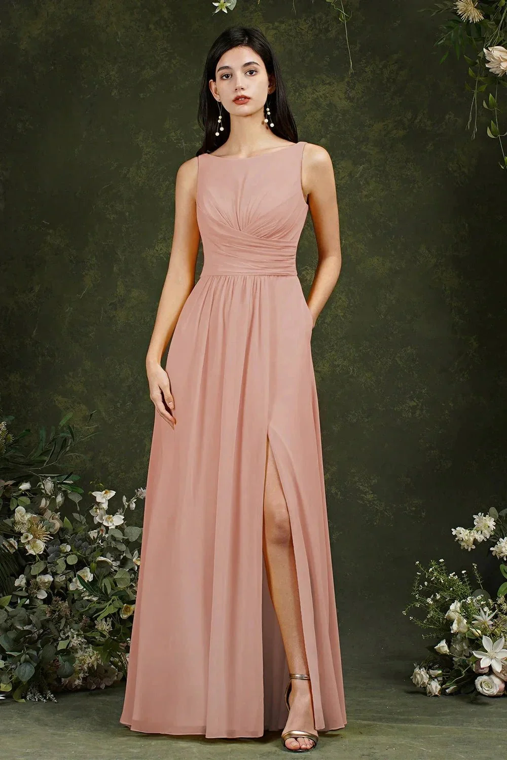 Yellow Bateau A-Line Chiffon Ruffles Split Floor-length Bridesmaid Dress With Pockets - Image 6