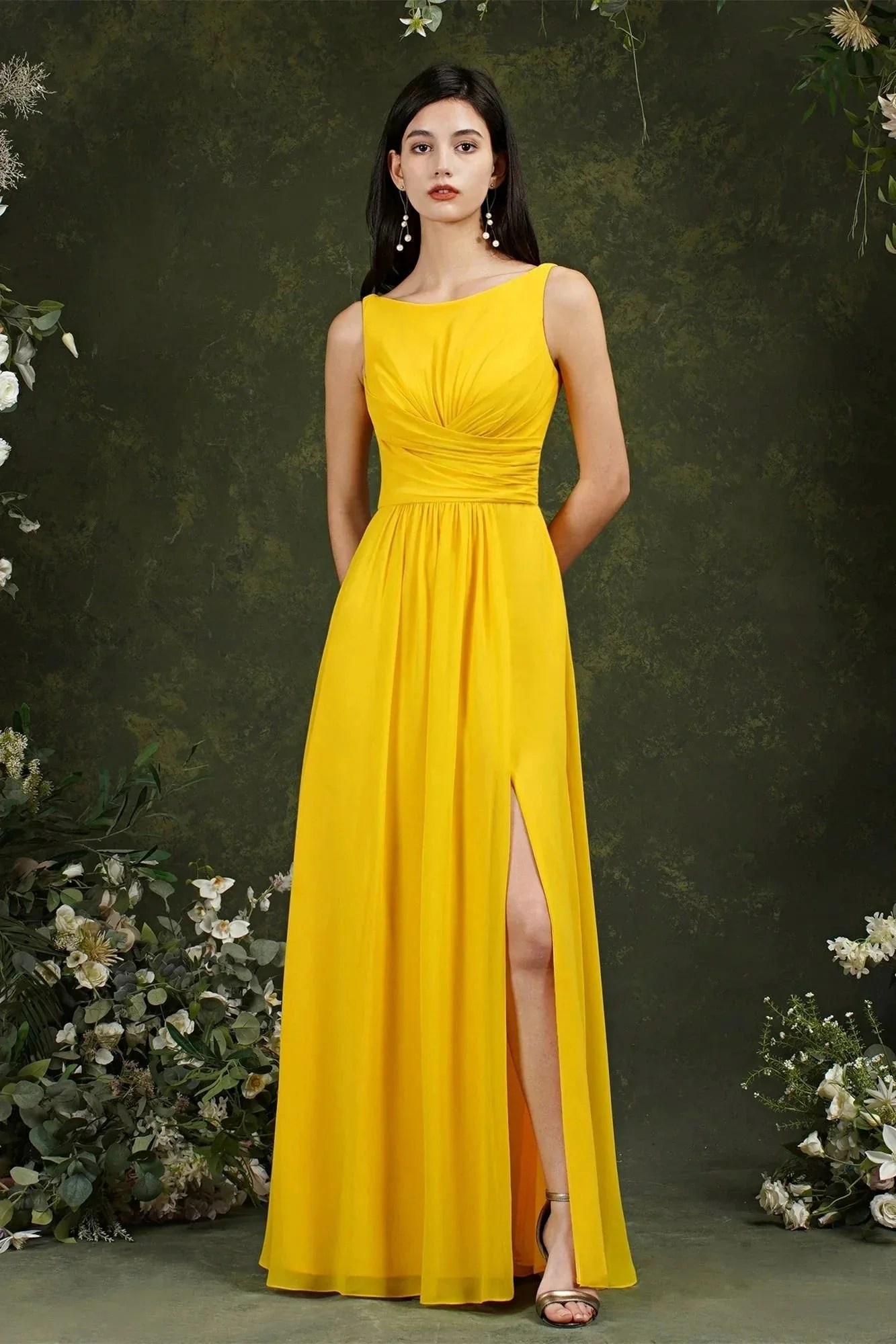 Yellow Bateau A-Line Chiffon Ruffles Split Floor-length Bridesmaid Dress With Pockets - Image 8