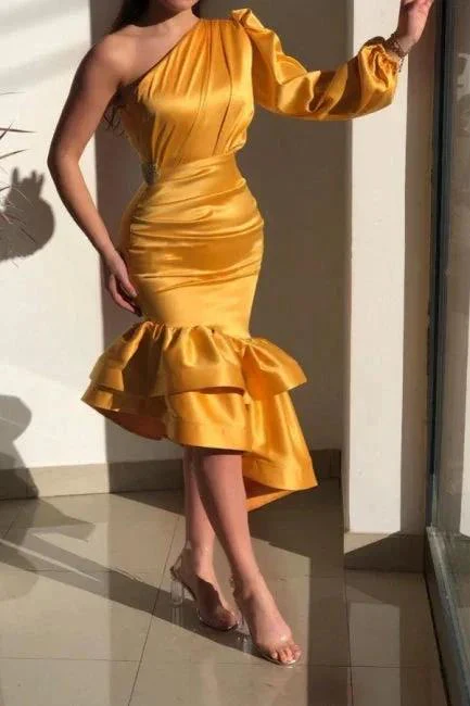 Yellow Gorgeous One Shoulder Mermaid Prom Dresses with Ruffle - Image 2
