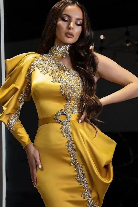 Yellow Halter Mermaid One Shoulder Long Sleeve Prom Dress With Beadings - Image 2