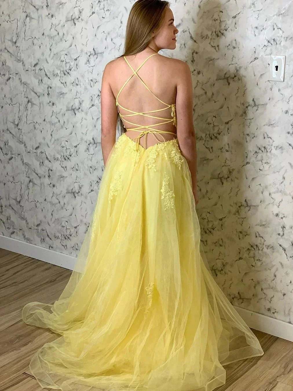 Yellow Long A-line Tulle Lace Open Back Formal Prom Dresses - Image 2