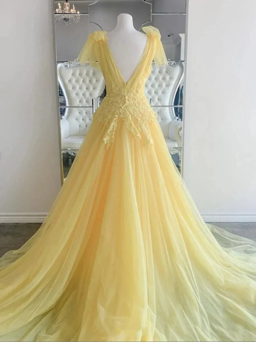 Yellow Long A-line V Neck Lace Tulle Backless Formal Graduation Prom Dresses - Image 2