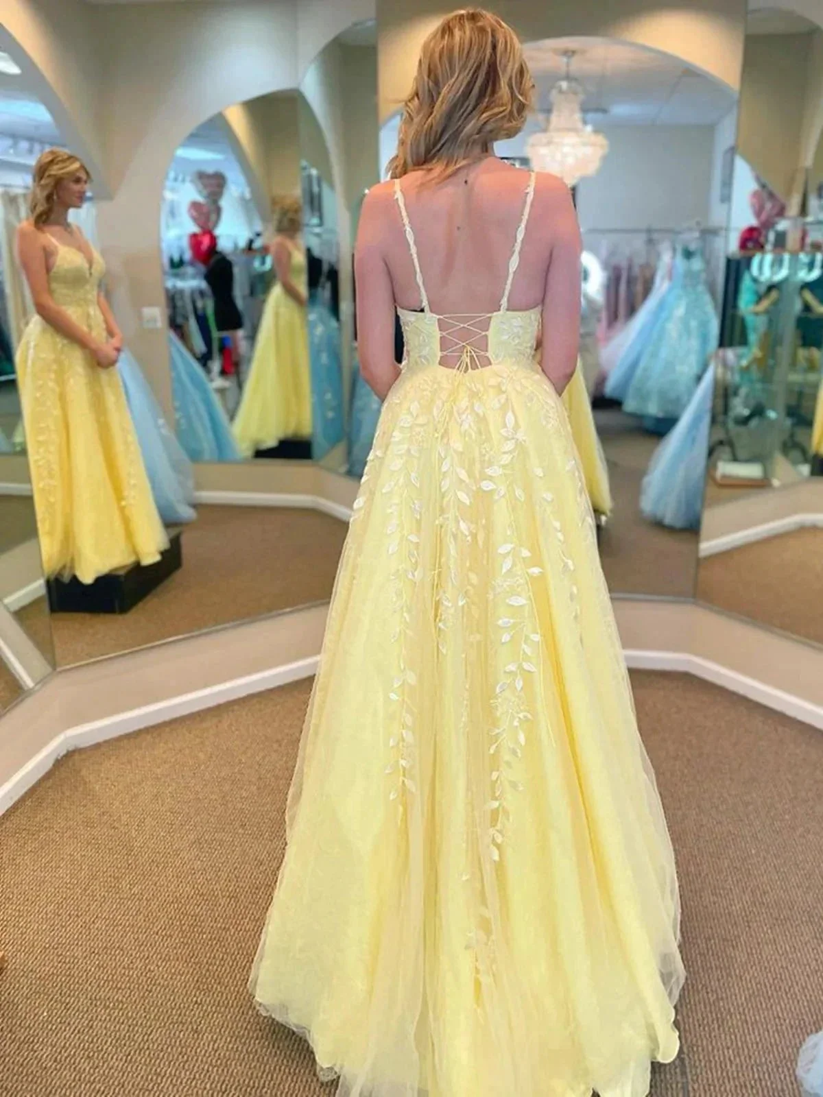 Yellow Long A Line V Neck Lace Tulle Open Back Prom Dresses with Appliques - Image 2