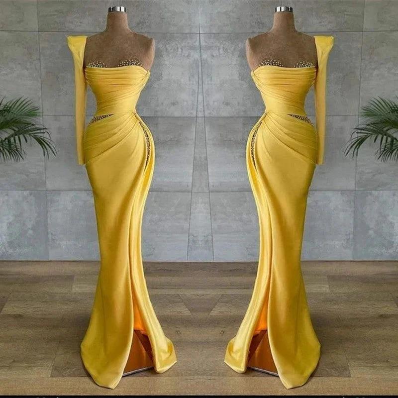 Yellow Long Mermaid Asymmetrical Beads Satin Prom Dress With Sleeves - Image 2
