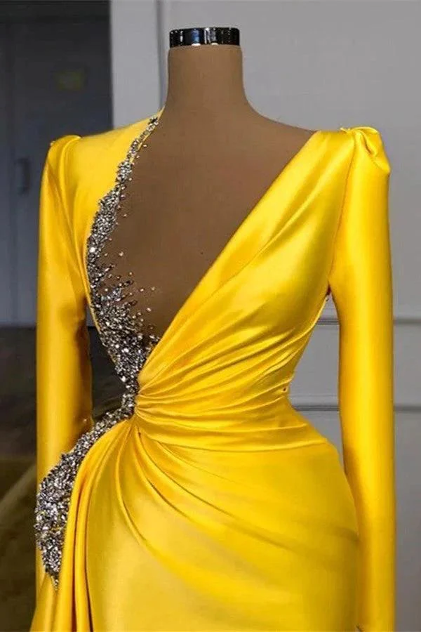 Yellow Long Sleeves Mermaid V-neck Satin Prom Dress with Beads - Image 2