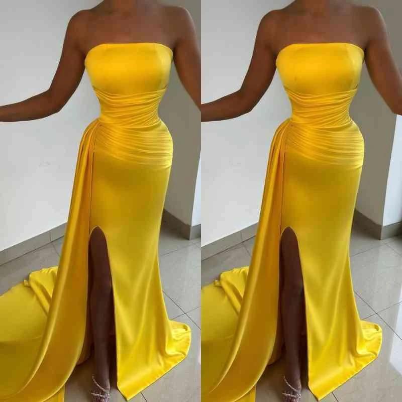 Yellow Long Strapless Sleeveless Satin Mermaid Prom Dresses with Slit - Image 2