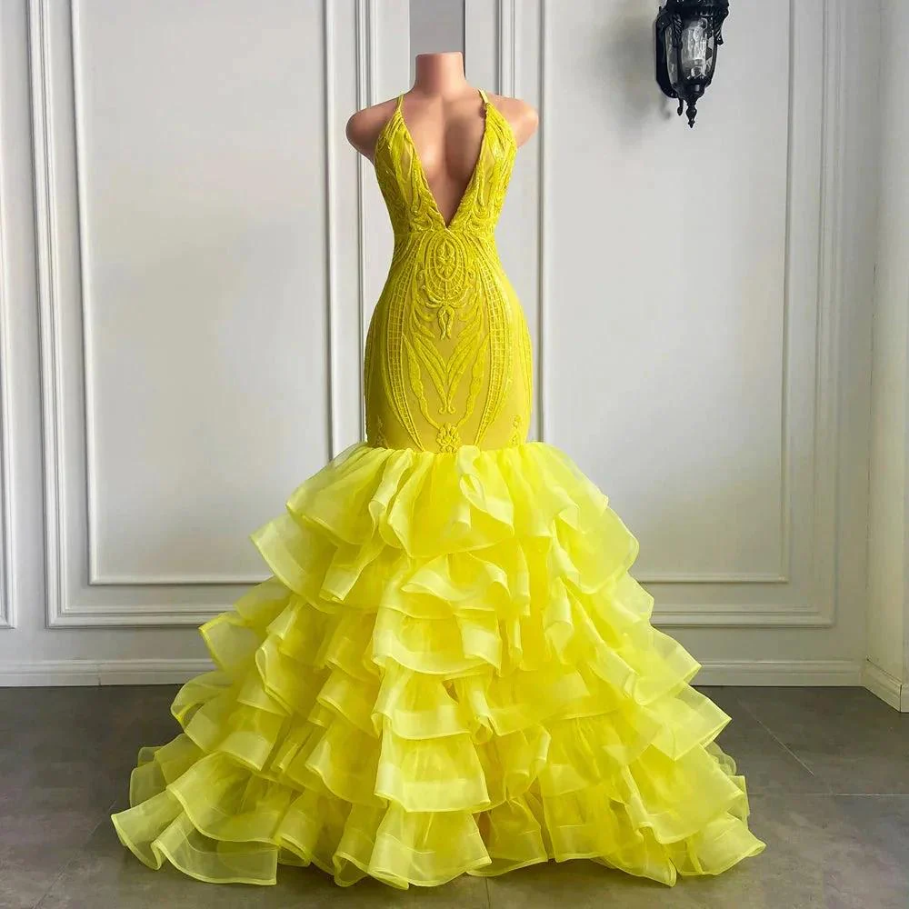 Yellow Long V Neck Halter Mermaid Tulle Lace Prom Dress with Ruffle - Image 2