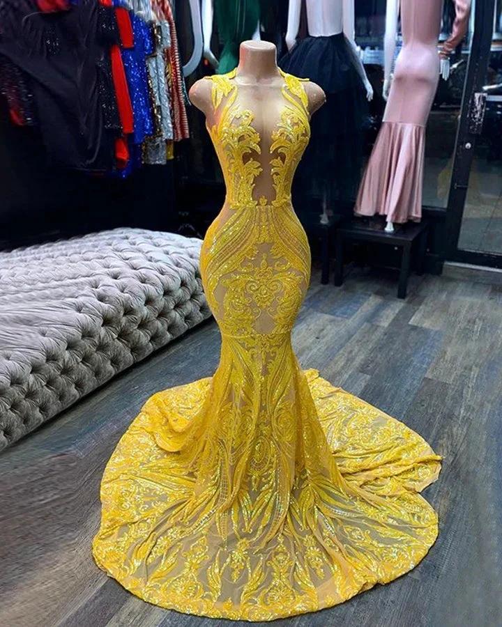 Yellow Long V-neck Sleeveless Sequins Lace Mermaid Prom Dress - Image 2
