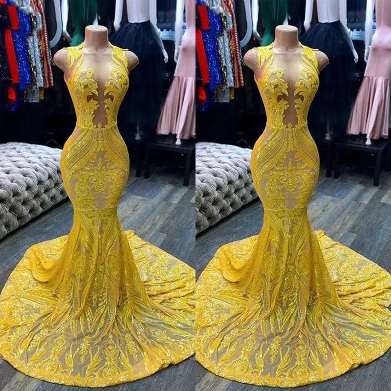 Yellow Long V-neck Sleeveless Sequins Lace Mermaid Prom Dress - Image 3