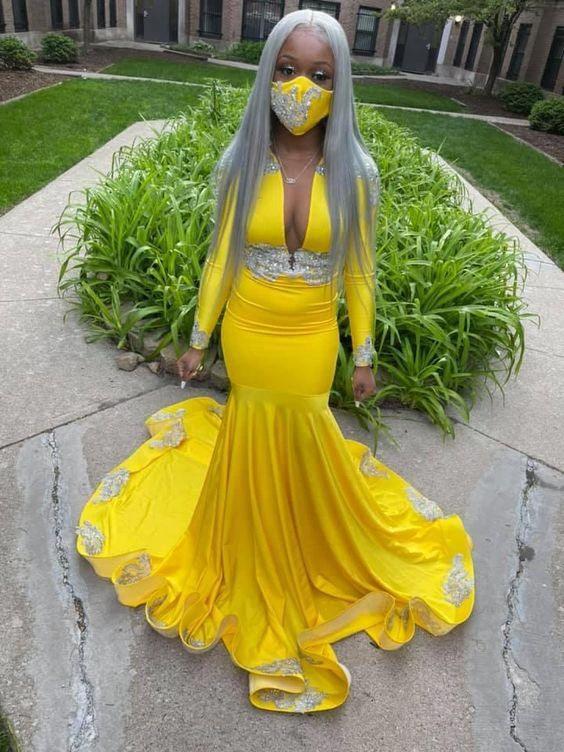 Yellow Mermaid Deep V Neck Prom Dresses Sexy  Evening Dresses With Appliques Y570 - Image 2